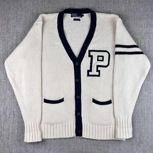 Vintage Polo Ralph Lauren Cream Blue Letterman P Cardigan Sweater Men's Large